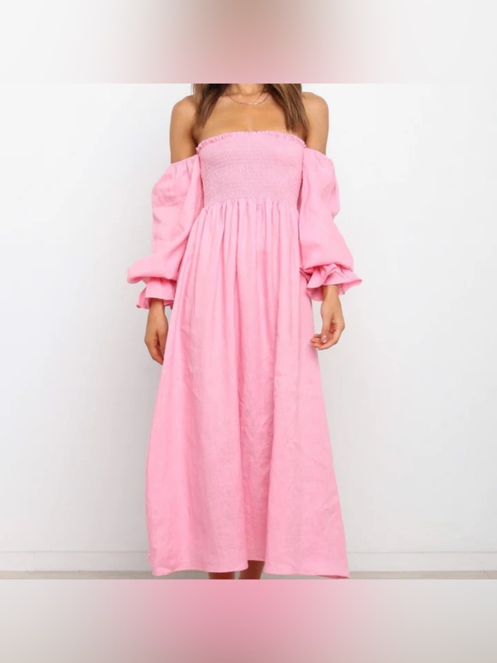 Petal & Pup Pink Off-Shoulder Maxi Dress with Puff Sleeves NWOT